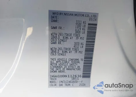 2024 Nissan Titan Sv 4X4 из США, поврежденный, VIN 1N6AA1ED0RN112636